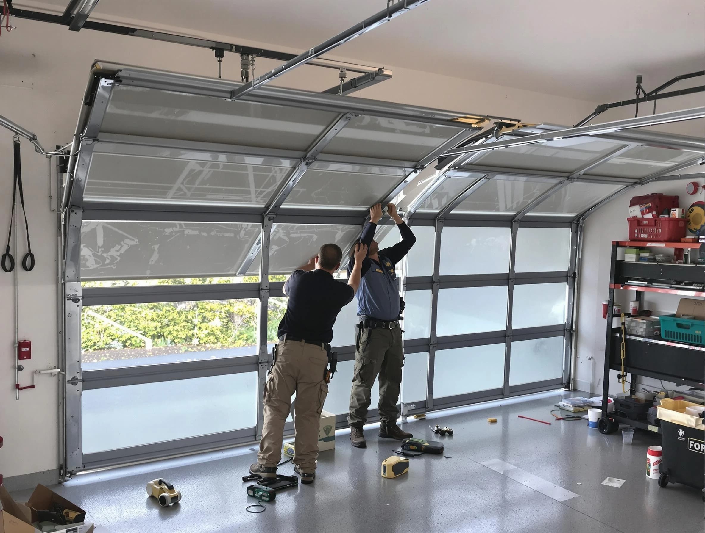 Weymouth Garage Door Repair expert performing precise panel replacement on Weymouth garage door