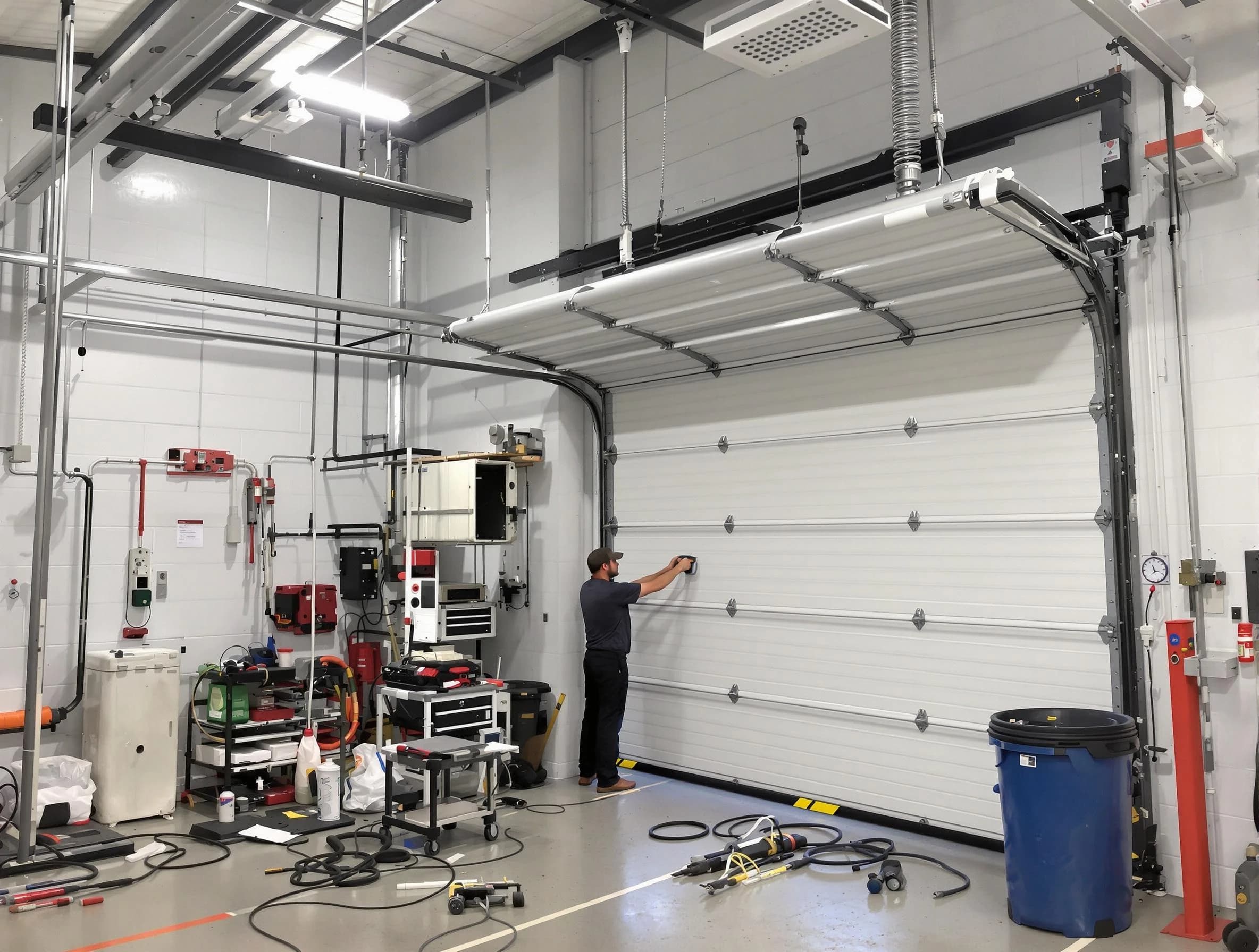 Weymouth Garage Door Repair certified technician performing commercial door repair at a Weymouth business facility