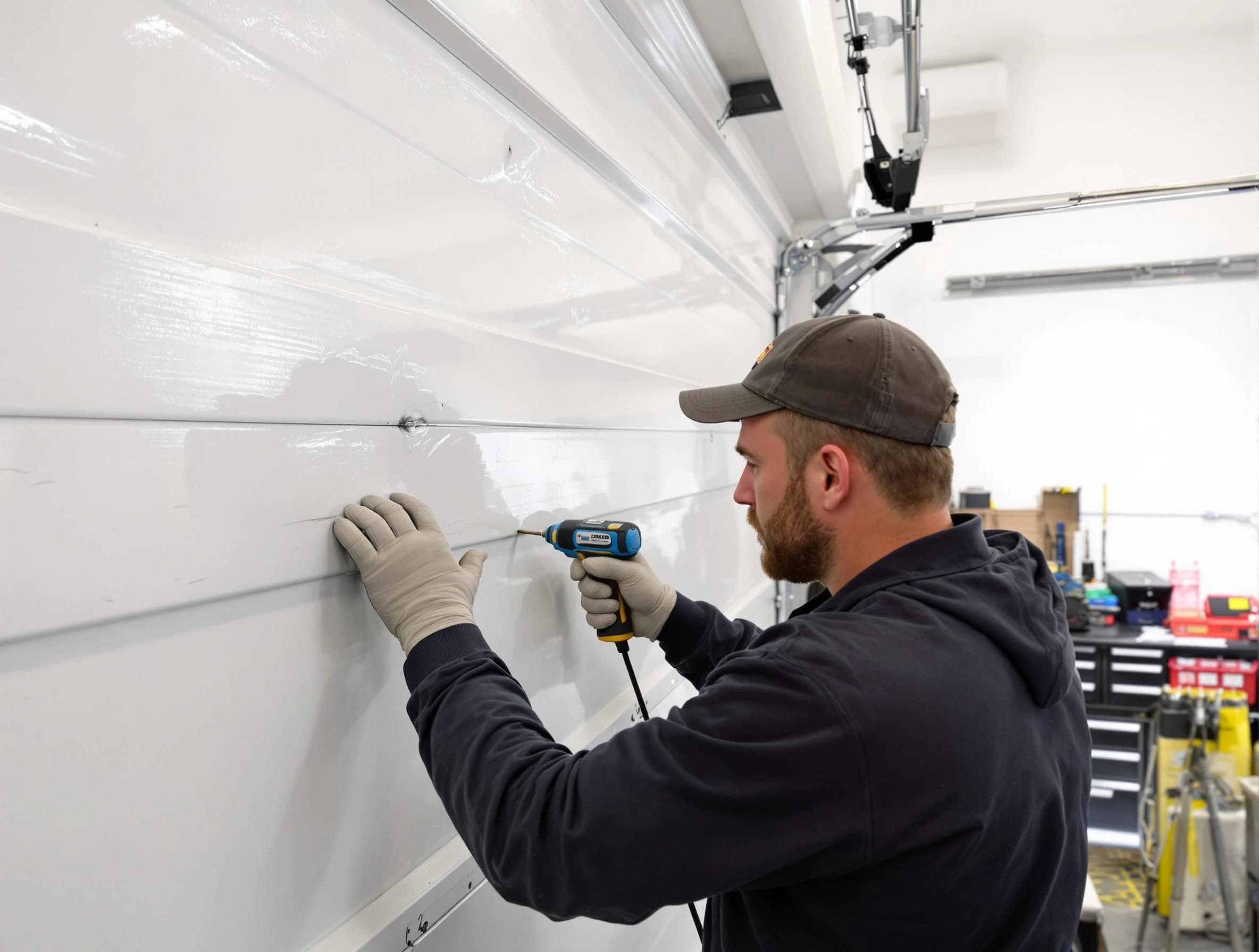 Weymouth Garage Door Repair technician demonstrating precision dent removal techniques on a Weymouth garage door